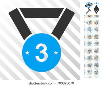 Third Medal icon with 7 hundred bonus bitcoin mining and blockchain pictures. Vector illustration style is flat iconic symbols design for cryptocurrency websites.