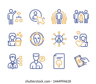 Third party, Algorithm and Group icons simple set. Cleaning, Face detect and Partnership signs. Networking, User and Valet servant symbols. Thumb down, Love and Pay money. Line third party icon