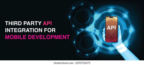 Third party API integration for mobile development. Hand holding mobile app API development banner, user software API prototyping, Application Programming Interface. Vector.