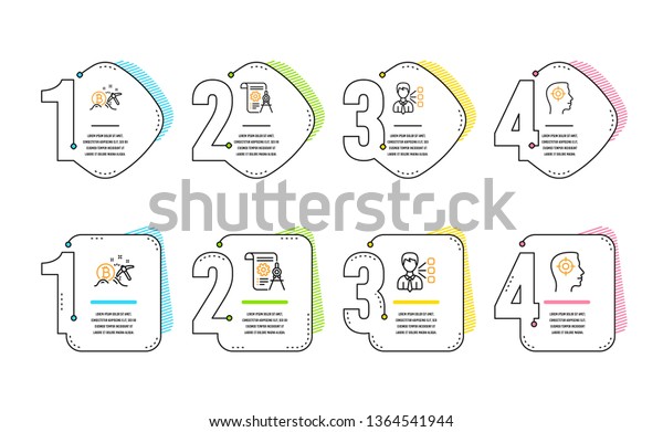 Third party, Bitcoin mining and Divider document\
icons simple set. Recruitment sign. Team leader, Cryptocurrency\
pickaxe, Report file. Headhunter aim. Business set. Infographic\
timeline. Vector