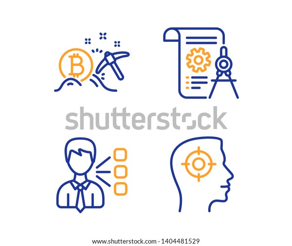Third party, Bitcoin mining and Divider document\
icons simple set. Recruitment sign. Team leader, Cryptocurrency\
pickaxe, Report file. Headhunter aim. Business set. Linear third\
party icon. Vector