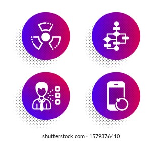 Third party, Chemical hazard and Block diagram icons simple set. Halftone dots button. Recovery phone sign. Team leader, Toxic, Algorithm path. Backup smartphone. Technology set. Vector