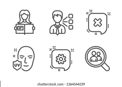 Third party, Cogwheel and Woman read icons simple set. Uv protection, Reject and Search employees signs. Team leader, Engineering. Business set. Line third party icon. Editable stroke. Vector