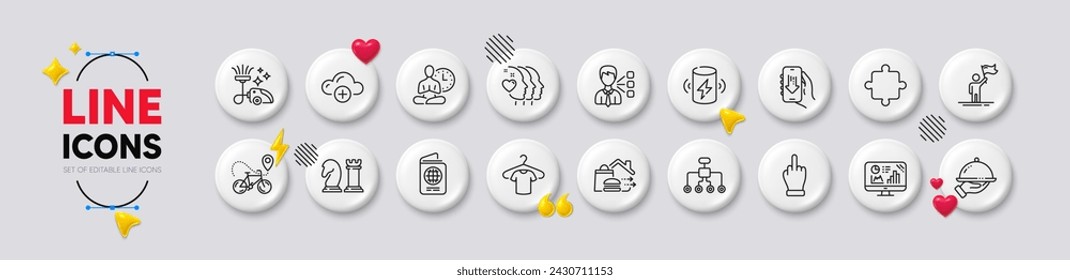 Drittanbieter, Freunde, Paar und Laden der Batterielinie-Symbole. Weiße Schaltflächen 3D-Symbole. Paket mit Lebensmittellieferung, Cloud Computing, Puzzle-Symbol. App herunterladen, Schach, Führung Piktogramm. Vektor