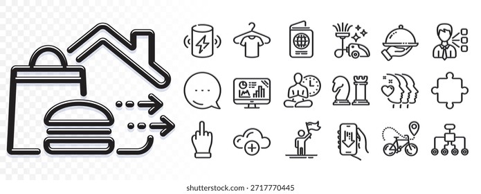 Drittanbieter, Freunde paar und Laden Akku-Linie Symbole für Web-App. Blendung des Lichteffekts. Nachrichtensymbol. Paket mit Essenslieferungen, Cloud-Computing, Puzzle-Piktogramm-Symbolen. Vektorgrafik
