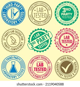 El laboratorio de terceros probó insignias redondas. Gráfico de estilo antiguo. La colorida calidad garantiza sellos en un fondo amarillo claro.