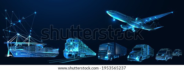 Third party logistics, 3pl, transport, cargo\
export, import. Integrated warehousing and transportation operation\
service. Air, road, maritime delivery. Digital polygonal low poly\
3d mesh illustration