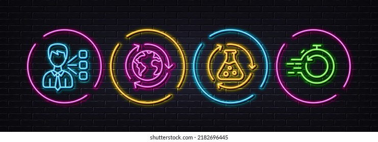 Third party, Outsourcing and Chemistry experiment minimal line icons. Neon laser 3d lights. Fast recovery icons. For web, application, printing. Team leader, Around the world, Laboratory flask. Vector