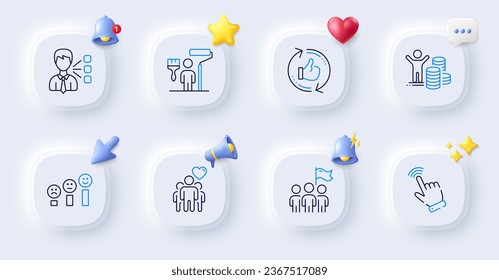 Third party, Refresh like and Painter line icons. Buttons with 3d bell, chat speech, cursor. Pack of Budget profit, Friendship, Cursor icon. Leadership, Customer satisfaction pictogram. Vector