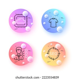 Third party, Seo and Dry t-shirt minimal line icons. 3d spheres or balls buttons. Cloud computing icons. For web, application, printing. Team leader, Search target, Laundry shirt. Vector