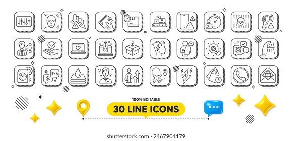 Third party, Waterproof and Approved line icons pack. 3d design elements. Cardboard box, Web love, Electronic thermometer web icon. Call center, Airplane, Web mail pictogram. Vector