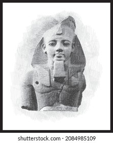 Third pharaoh of the Nineteenth Dynasty of Egypt. Ramesses II or Younger Memnon pen sketch illustration. (c. 1303–1213 BC). Poster, Wall Decoration, Postcard, Social Media Banner, Brochure. 