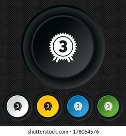 Third place award sign icon. Prize for winner symbol. Round colourful buttons on black texture. Vector