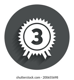 Third place award sign icon. Prize for winner symbol. Circle flat button with shadow. Modern UI website navigation. Vector