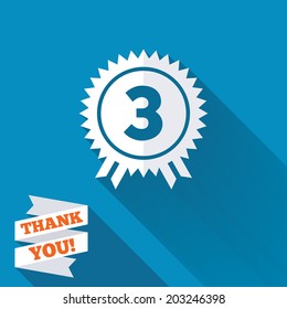 Third place award sign icon. Prize for winner symbol. White flat icon with long shadow. Paper ribbon label with Thank you text. Vector