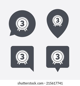 Third place award sign icon. Prize for winner symbol. Map pointers information buttons. Speech bubbles with icons. Vector