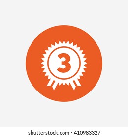 Third place award sign icon. Prize for winner symbol. Orange circle button with icon. Vector
