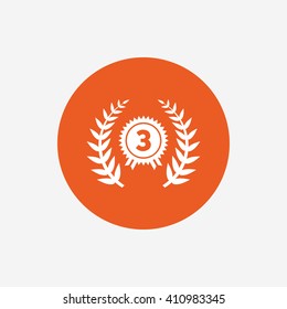 Third place award sign icon. Prize for winner symbol. Laurel Wreath. Orange circle button with icon. Vector