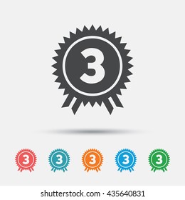 Third place award sign icon. Prize for winner symbol. Graphic element on white background. Colour clean flat award icons. Vector