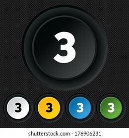 Third place award sign. Winner symbol. Step three. Round colourful buttons on black texture. Vector