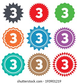 Third place award sign. Winner symbol. Step three. Stars stickers. Certificate emblem labels. Vector