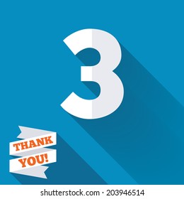 Third place award sign. Winner symbol. Step three. White flat icon with long shadow. Paper ribbon label with Thank you text. Vector