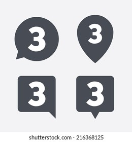 Third place award sign. Winner symbol. Step three. Map pointers information buttons. Speech bubbles with icons. Vector