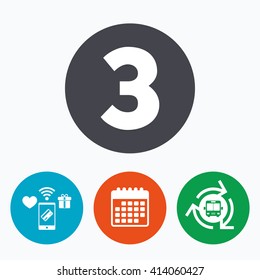 Third place award sign. Winner symbol. Step three. Mobile payments, calendar and wifi icons. Bus shuttle.