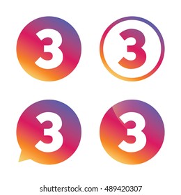 Third place award sign. Winner symbol. Step three. Gradient buttons with flat icon. Speech bubble sign. Vector
