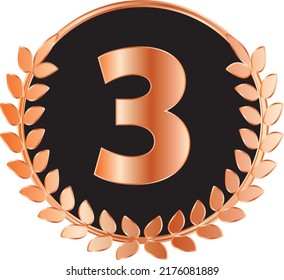 Third place. Bronze coat of arms with laurel wreath. Vector icon.