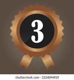 Premio de la cinta número de icono de bronce en tercer lugar. 3 diseños ganadores de medallas de bronce. Símbolo de trofeo de la tercera mejor de las mejores triunfos, competencia deportiva de la mejor posición victoria ilustración vectorial