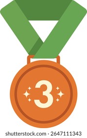 Third Place Bronze Medal Vector with Green Ribbon and Shiny Stars