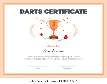 Third place darts certificate diploma with place for your content. Isolated on white background.