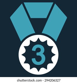 Third place icon from Competition & Success Bicolor Icon Set. Vector style: flat bicolor symbols, blue and white colors, rounded angles, dark blue background.