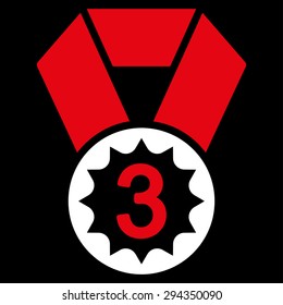 Third place icon from Competition & Success Bicolor Icon Set. Vector style: flat bicolor symbols, red and white colors, rounded angles, black background.