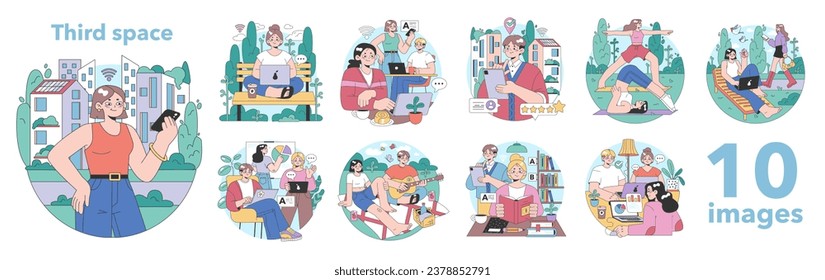 Third place idea set. Social surroundings, separate from home and workplace. Community life building, people interaction and communication zone. Flat vector illustration