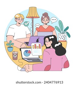 Idee an dritter Stelle. Soziales Umfeld, getrennt von Zuhause und Arbeitsplatz. Lebensaufbau in der Gemeinschaft, Interaktion mit Menschen und Kommunikationszone. Flache Vektorgrafik