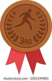 Medalla de bronce del tercer puesto maratón con silueta de corredor y ramas de olivo. Medalla con cinta roja sobre fondo transparente