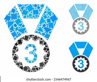 Third place mosaic of rugged pieces in variable sizes and shades, based on third place icon. Vector uneven elements are united into mosaic. Third place icons collage with dotted pattern.