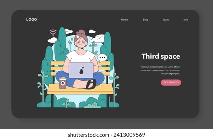 Third place night or dark mode web banner or landing page. Social surroundings. Community life building, people interaction and communication zone. Flat vector illustration