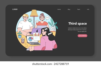 Third place night or dark mode web banner or landing page. Social surroundings. Community life building, people interaction and communication zone. Flat vector illustration