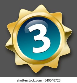 Third place seal or icon. Glossy golden seal or button with turquoise color.