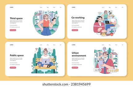 Banner web de tercer lugar o juego de páginas de inicio. Entorno social, separado del hogar y del lugar de trabajo. Construcción de vida comunitaria, interacción de personas y zona de comunicación. Ilustración vectorial plana