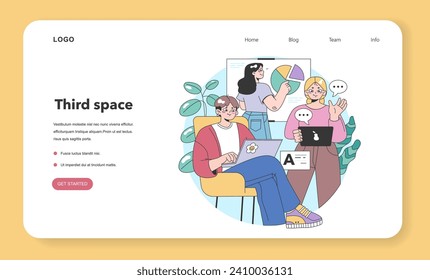 Third place web banner or landing page. Social surroundings, separate from home and workplace. Community life building, people interaction and communication zone. Flat vector illustration