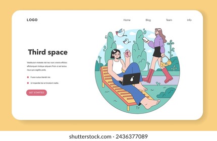 Banner web de tercer lugar o página de destino. Entorno social, separado del hogar y el lugar de trabajo. Construcción de vida comunitaria, interacción de personas y zona de comunicación. Ilustración vectorial plana