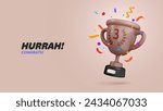 Third place, win bronze champion cup with colorful confetti 3d vector illustration. Cartoon trophy bowl with flying foil on light grey background. Win prize, 3rd place sport competition vector banner.