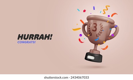 Third place, win bronze champion cup with colorful confetti 3d vector illustration. Cartoon trophy bowl with flying foil on light grey background. Win prize, 3rd place sport competition vector banner.