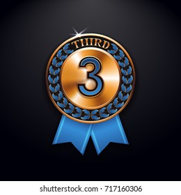 Third place winner of bronze medal. Victory achievement with ribbon. Sport champion celebration with bronze achievement, trophy, prize, badge. Vector illustration element. Number three.