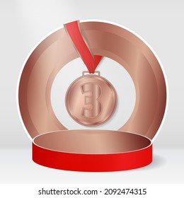 Third place winner podium with bronze medal on red ribbon. Realistic 3D bronze award stage background. Champion 3 place pedestal mock up. Vector illustration