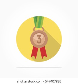third position circle copper medal with red and green ribbon all in yellow circle flat design with shadow effect